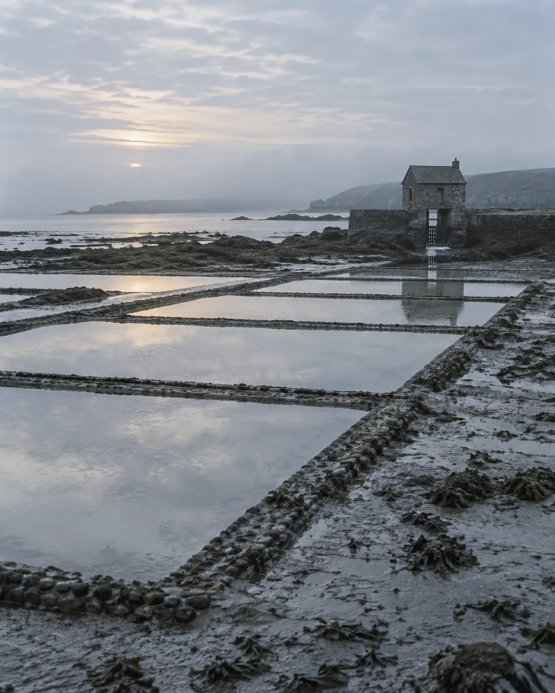 Rectangular salt pans on the tidal flats with the sluice house beyond