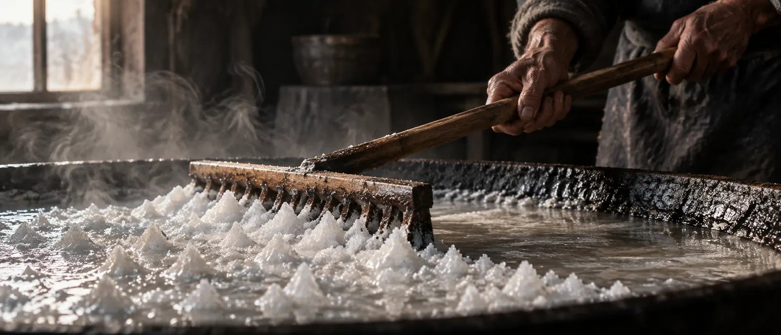 Weathered hands pulling a wooden rake through salt crystals in a steaming iron pan